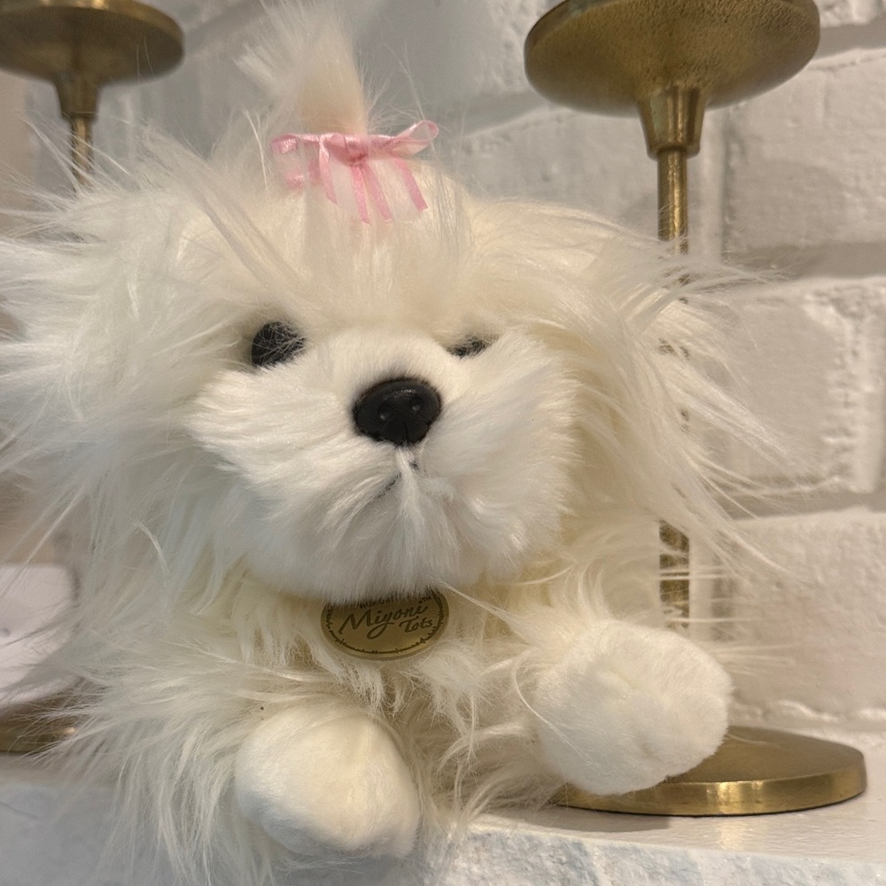 White Plush Puppy with Pink Bow - Miyoni